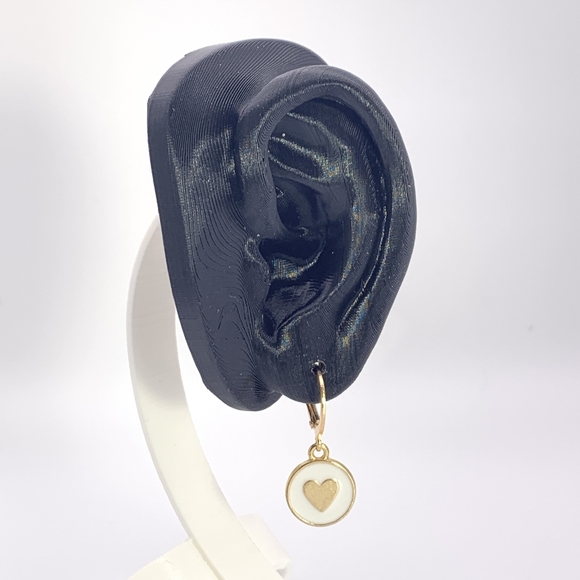 Gold and White Heart Charm Earrings - Picture 2 of 5